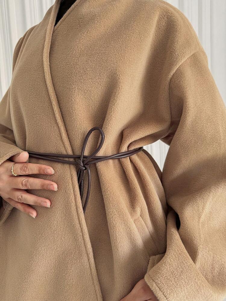 Stylish Short Belted Overcoat With Reversible Lapel, Thick Winter Jacket For Women Modest Fashion