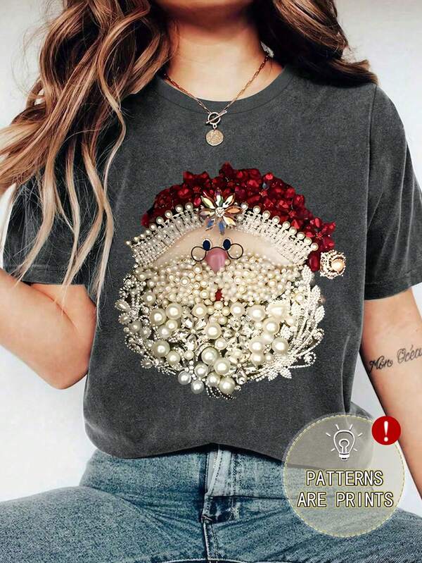 EMERY ROSE Camiseta de mujer de Navidad, camiseta gráfica casual de manga corta, top de verano lindo