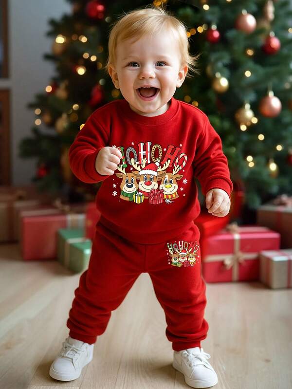 SHEIN 2 piezas Conjunto casual de bebé niño unisex de 6 meses a 3 años con tema navideño para otoño/invierno, que incluye: Suéter de cuello redondo de manga larga con gráfico lindo de reno navideño en verde, a juego con pantalones de chándal lisos, apto para salidas, uso en casa, deportes ligeros y fiestas de cumpleaños. Ropa de bebé niño de manga larga, conjunto casual para bebé, ropa navideña para bebé niño, conjunto de ropa para bebé niño, conjunto de ropa para niño, conjuntos de ropa para niño