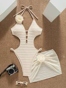 Bonvoyette 2 件针织性感无缝纹理纯色比基尼套装，优雅夏季女士沙滩派对泳装 - 杏色 - 查看 6