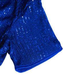 Calvornis 男士前扣短袖亮片装饰衬衫，休闲 - 藍色 - 查看 4