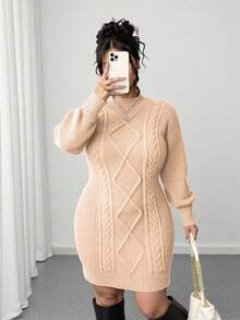 Elenzga 大码纯色立领修身长袖毛衣裙，优雅秋冬装 - 杏色 - 查看 1