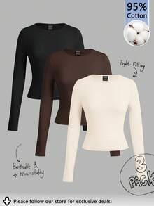 Tseoso 3 件 95% 纯棉女式宽领紧身长袖长款 T 恤套装，适合春秋冬季，休闲，舒适别致，修身百搭，复古，温柔女孩，适合日常穿着，室内外，返校，秋季女装，百搭，礼物 - 彩色 - 查看 1