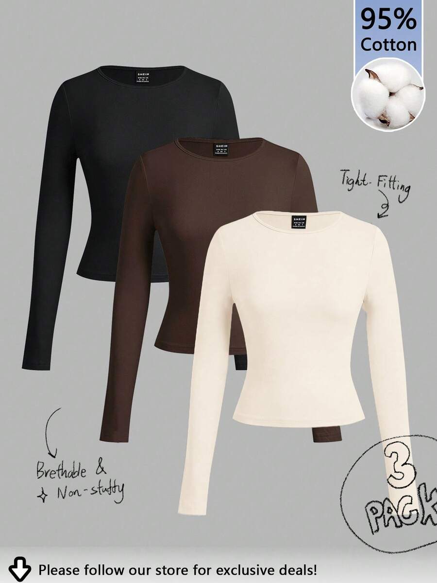 Tseoso 3 件 95% 纯棉女式宽领紧身长袖长款 T 恤套装，适合春秋冬季，休闲，舒适别致，修身百搭，复古，温柔女孩，适合日常穿着，室内外，返校，秋季女装，百搭，礼物 - 彩色 - 查看 1