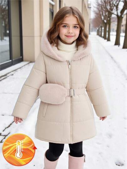 Elladie kids Young Girls Quilted Mid-Length Hooded Padded Coat With Waist Tie And Pocket, Suitable For Casual, Outdoor, Autumn/Winter Girls Long Winter Coat Winter Jacket Girls Girls Coats Winter