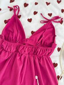 INAWLY 2pcs Women Solid Color Front Tie Spaghetti Strap Casual Sexy Romper - Burgundy - View 3