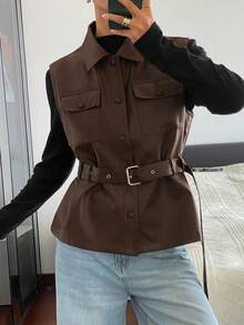 DAZY 女士秋冬百搭修身无袖仿皮背心、休闲皮夹克 - 咖啡棕 - 查看 4