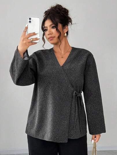 Dazy Plus מעיל עבה עם שרוך, צמר אלכסוני, מידות גדולות לנשים, סתיו/חורף