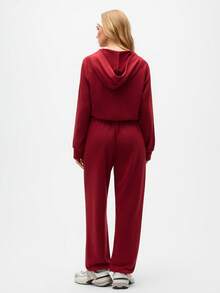 Eassivo Eassivo Tuta sportiva da donna con felpa con cappuccio a maniche raglan e tasche, e pantaloni di colore unito - Bordò - Visualizzare 2