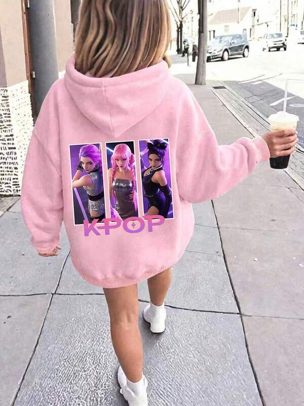 SHEIN Tween Girls Casual Cute Cartoon K-POP Girl Letter Print Reversible Long Sleeve Hoodie Sweatshirt, Pink, Suitable For Daily, Outdoor, Sports And School, Autumn/Winter