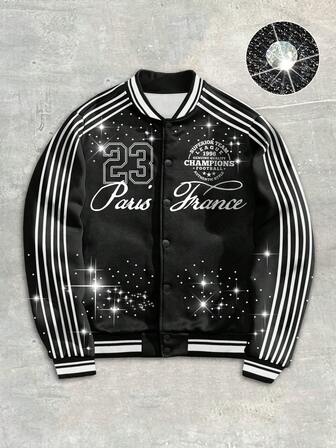 Prep Giacca da uomo in stile colorblock a righe con stampa di lettere e strass, adatta per l'autunno/inverno