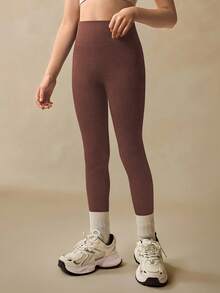 SHEIN 适合青少年女孩的运动高腰罗纹无缝修身紧身裤 - 云朵柔软，第二层皮肤般柔软，速干透气，四向弹力紧身裤，适合跑步、骑行、瑜伽、泡菜球运动、休闲，黑色 - 棕色 - 查看 8
