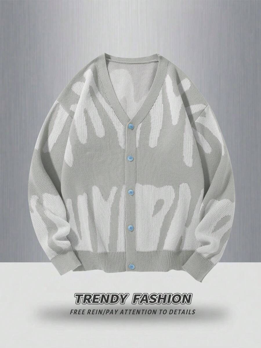Manfinity Hypemode Áo khoác cardigan nam cổ chữ V tay dài cài nút phía trước họa tiết chữ màu tương phản, thường ngày, mùa đông - Màu Xám nhạt - Xem 1