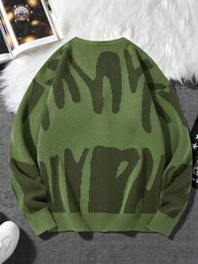 Claim Dot 男士休闲时尚美式街头风格字母图案 V 领纽扣开衫，秋冬 - 軍綠色 - 查看 2