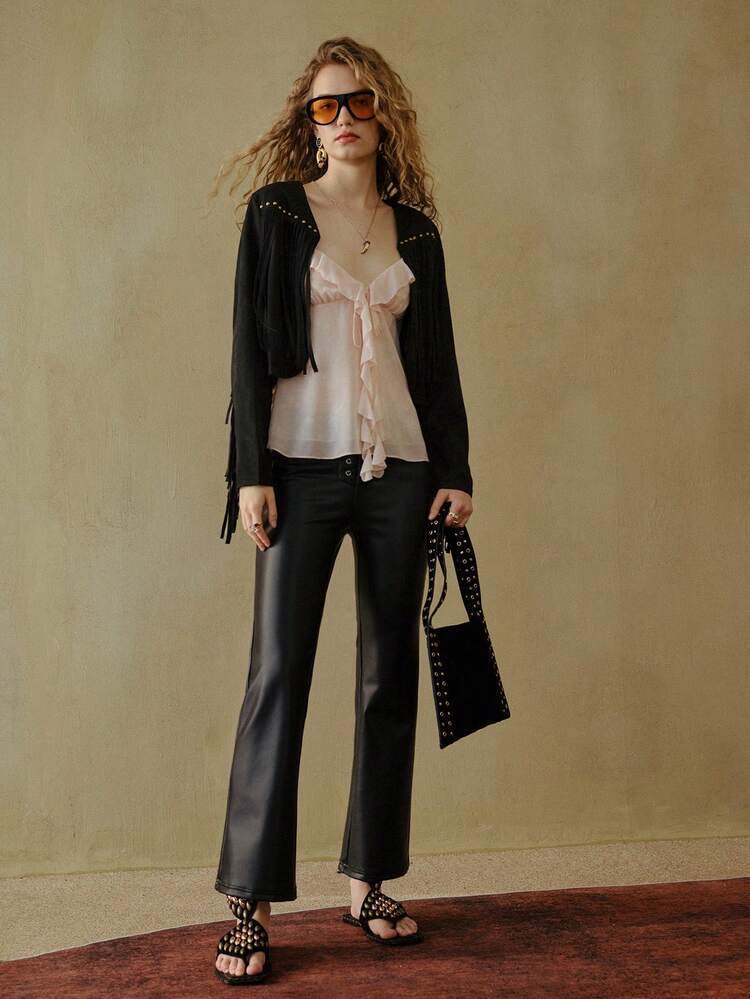 MOTF STUDIO PU LEATHER LACE-UP LOW WAIST FLARED PANTS