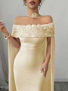 Rafferiza 女士优雅浪漫粉色露肩玫瑰花披肩紧身连衣裙 - 杏色 - 查看 6