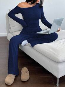 Flirla 女士休闲不对称肩部毛绒T恤+阔腿低腰裤两件套，冬季 - 藏蓝色 - 查看 6