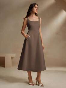 Anewsta 法式甜心棕色方领吊带背心 A 字型腰部修身连衣裙长款女装 - 巧克力棕 - 查看 3