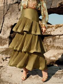 Anewsta Petite Anewsta Spring/Summer New Arrival Party & Vacation Multilayer Pleated Cake Hem Elegant Women Skirt - Army Green - View 4