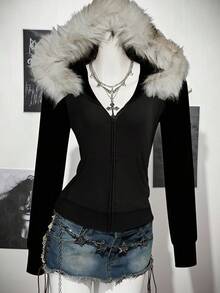 SHEIN ICON Women's Casual Retro Fitted Fur Collar Hooded Regular Jacket,Fall