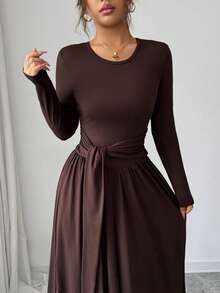 SHEIN Elenzya 女式休闲纯色松紧腰系带长袖 A 字连衣裙，秋季 - 棕色 - 查看 3