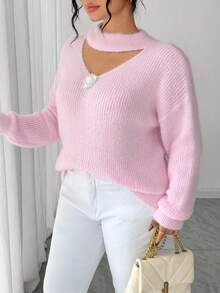 Elenzga Suéter de punto con cuello en V, unicolor, con perlas metálicas, para mujer de talla grande, informal para otoño/invierno, adecuado para Navidad, Halloween, vuelta al colegio - Rosa - Ver 5