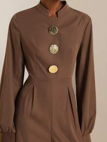 SHEIN Veneréa Elegant Minimalist Fashion Casual Stand Collar Long Sleeve Metal Button Waist Pleated Long Pants With Invisible Zipper Back, Women Jumpsuit For Autumn/Winter Brown Jumpsuit Women - Brown - View 6
