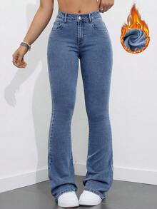 SHEIN ICON Women's Blue Casual Fleeced Warm Fashion Versatile Flare Jeans - Medium Wash - View 4