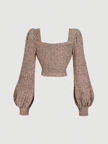 SHEIN MOD 大码咖啡棕色休闲方领泡泡袖T恤女秋冬秋季衣服女上衣长袖女冬季上衣 - 咖啡棕 - 查看 2