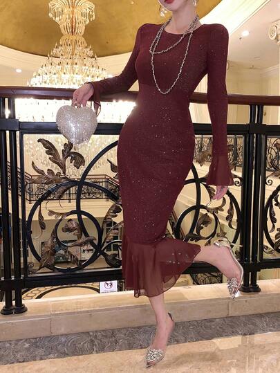 Women's Elegant Contrast Mesh Ruffle Hem Midi Dress, Autumn Sequin,New Year