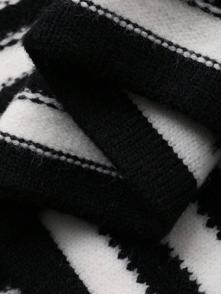 Women's Elegant Contrast Color Striped Pattern 3D Floral Decor Loose Cardigan, Autumn/Winter