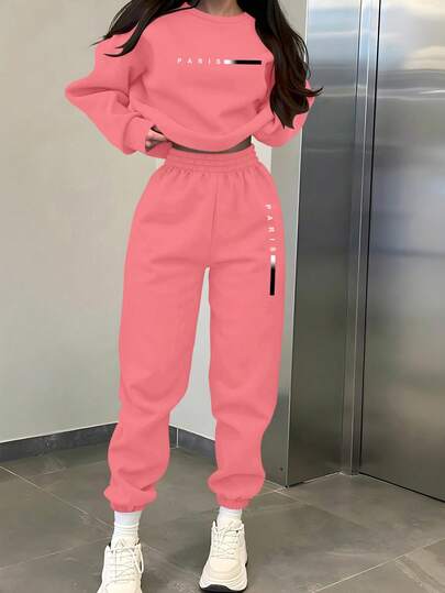 VaVaBold Conjunto de sudadera y pantalones de felpa cómodo y versátil con estampado digital minimalista de París para mujer