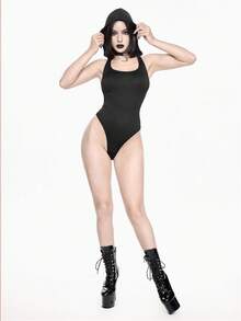 ROMWE Gothic Backless Triangular Milk Silk Hooded Sexy Jumpsuit