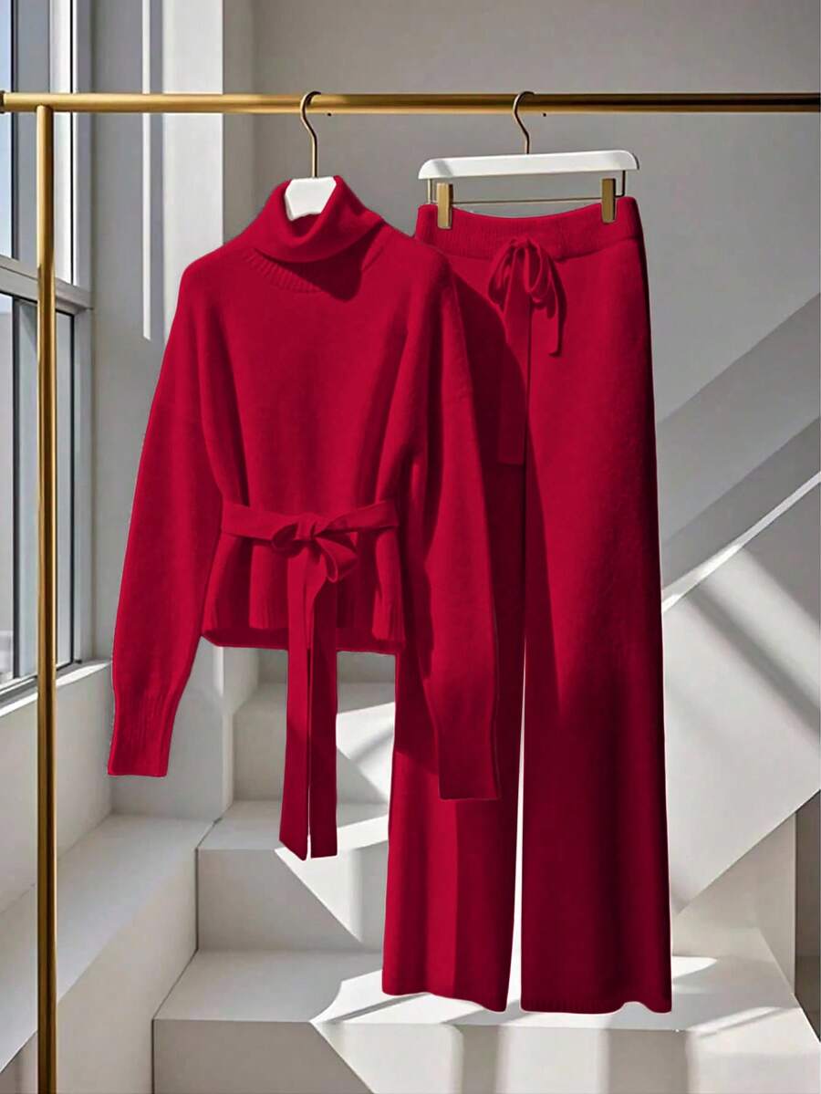 Franclia 2件套女士高端优雅针织毛衣，白色，秋冬 - 紅色 - 查看 1