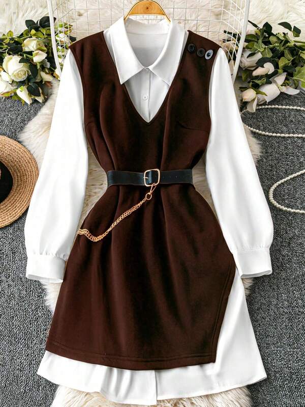 DreamSkyne Plus Size Commuter Casual White Shirt Dress, Knit Vest, Cinched Waist With Metal Chain Decor, Slimming 2-Piece Set