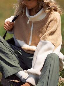 Medorelle Women's Winter Stand Collar Half-Zip Contrast Color Patchwork Sherpa Fleece Loose Drawstring Sweatshirt - Apricot - View 5