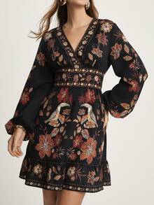 CAJUNI Women's Casual V-Neck Long Sleeve Black Floral Print Short Dress, Suitable For Dates And Vacations, Autumn  Women Dresses Autumn Winter Elegant Dresses For Women - Multicolor - View 5