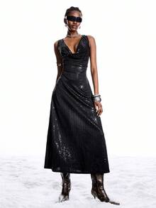 LYSMO Vestido mini elegante y sexy de mujer con escote pronunciado y espalda descubierta sin mangas de unicolor - Negro - Ver 6