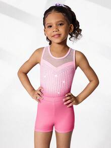 Set de 2 piezas de maillot y shorts de gimnasia para niñas, con estampado lindo y decoración de rhinestones, adecuado para uso casual, deportivo y de competición - Multicolor - Ver 6