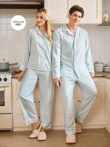 CoupledUp 两件套休闲条纹长袖上衣和裤子睡衣套装，宽松领男士睡衣，情侣家居服套装，冬季服装 - 彩色 - 查看 3
