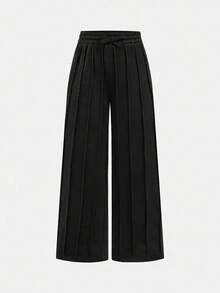 SHEIN Tween Girls Back To School Sports Casual Solid Color Set, Long Sleeve Cropped T-Shirt With Ruched Details And Straight Leg Sweatpants, Autumn/Winter - Black - View 10