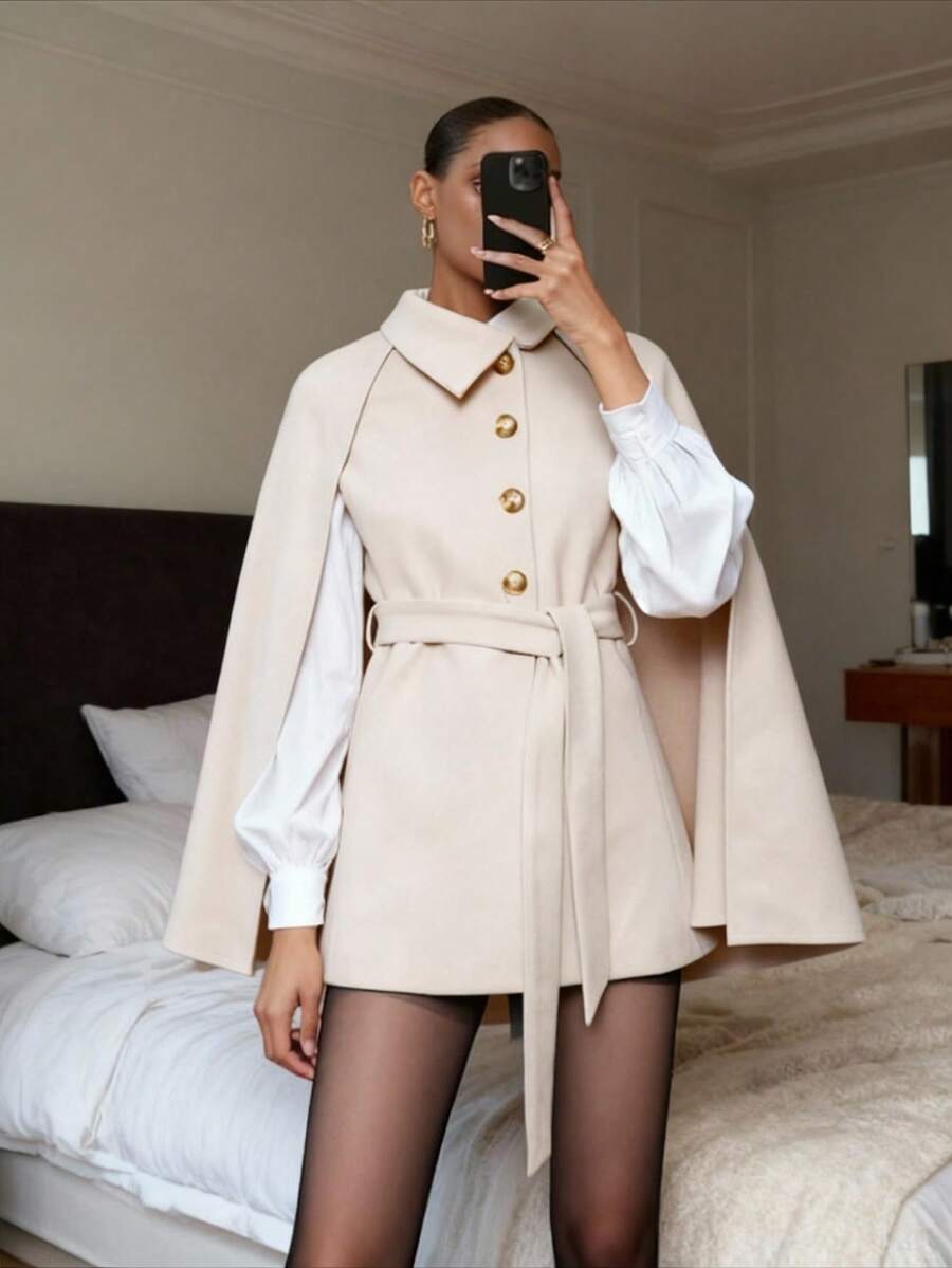 SHEIN Privé VITNOS Women's Fall/Winter Cape Sleeve Overcoat,White Gold,Autumn,Elegant,Office Solid Color Elegant Coat For Party,Luxury Evening,Date Night,New Year