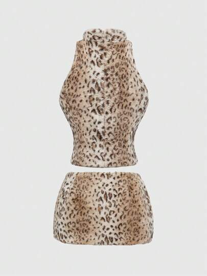 Grunge Punk Y2K Leopard Print Furry Crop Top And Ultra Low-Rise Furry Mini Skirt 2 Pieces Set