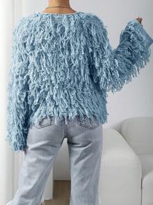 EMERY ROSE Áo khoác cardigan tua rua màu trơn đa năng thường ngày - Màu xanh nhạt - Xem 2