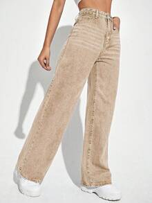 High Waist Wide Leg Jeans - Khaki - View 3