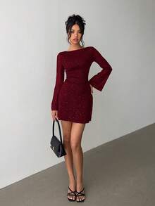 Aloruh Elegant Bow Tie Backless Sexy Glitter Fabric Fitted Mini Dress,Wedding Guest Dress Women,Red Dress,Christmas,New Year Dress - Burgundy - View 5