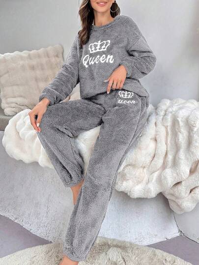 SHEIN Women Crown & Letter Embroidery Dropped Shoulder Loose Fluffy Top And Pants Casual Set, Winter Cute Lounge Set Cute Sleep Set Cozy Lounge Set Comfy Pajamas Clothes Set Comfy Lounge Set