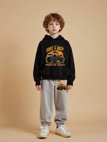 GraphicGems 2 Stücke/Set Hoodie Sweatshirt mit Muster von Feuerwehrauto & Geländewagen für Kleine Jungen und graue Jogginghose, lässiger Sportoutfit für Lässig und Straße, geeignet für Herbst/Winter