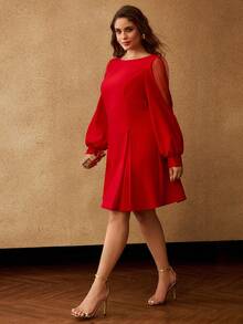 MOTF PREMIUM PLUS ELEGANT DATE NIGHT CONTRAST MESH LANTERN SLEEVE CINCHED WAIST A-LINE SHORT DRESS/CHRISTMAS - Red - View 1