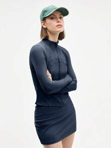 Eassivo Eassivo Damska jednokolorowa kurtka sportowa z raglanowymi rękawami i stójką, zapinana na zamek, dopasowana, casualowa - Granatowy - Zobacz 5